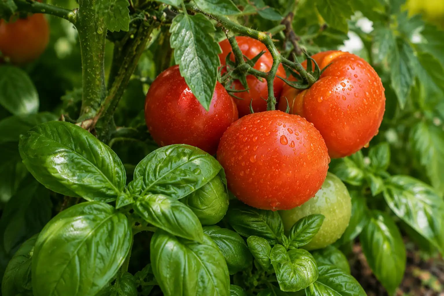 Reife Tomaten wachsen zwischen Basilikum im Beet