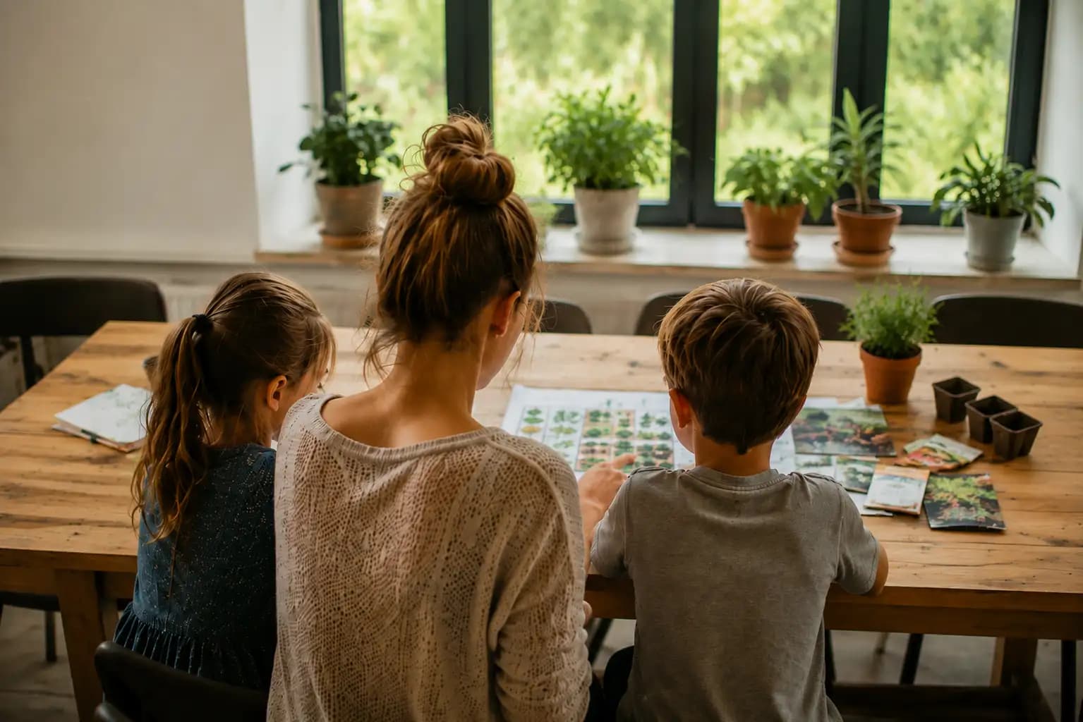 Eine Person plant mit zwei Kindern am Tisch den Start ins erste Beet