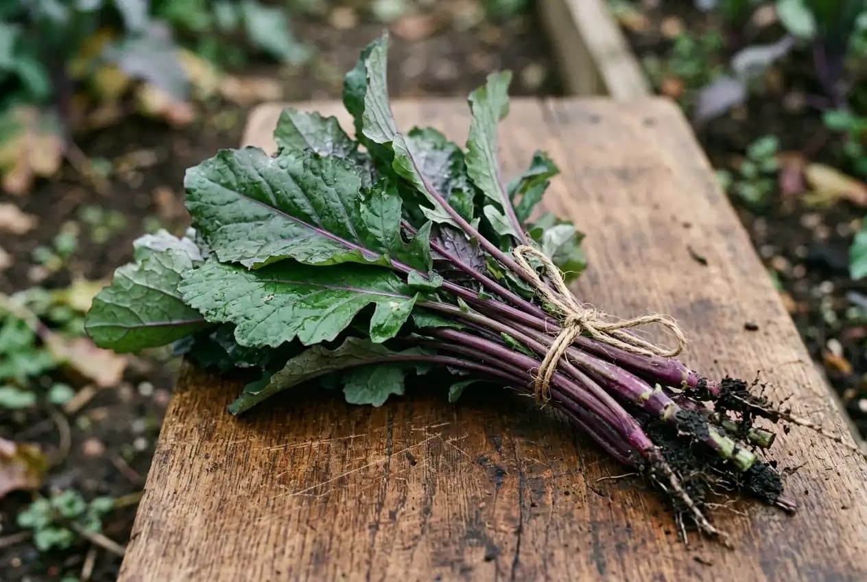 Ein Bündel frisch geernteter lila-grüner Abessinischer-Kohl-Blätter und Stiele liegt auf einem Holzbrett