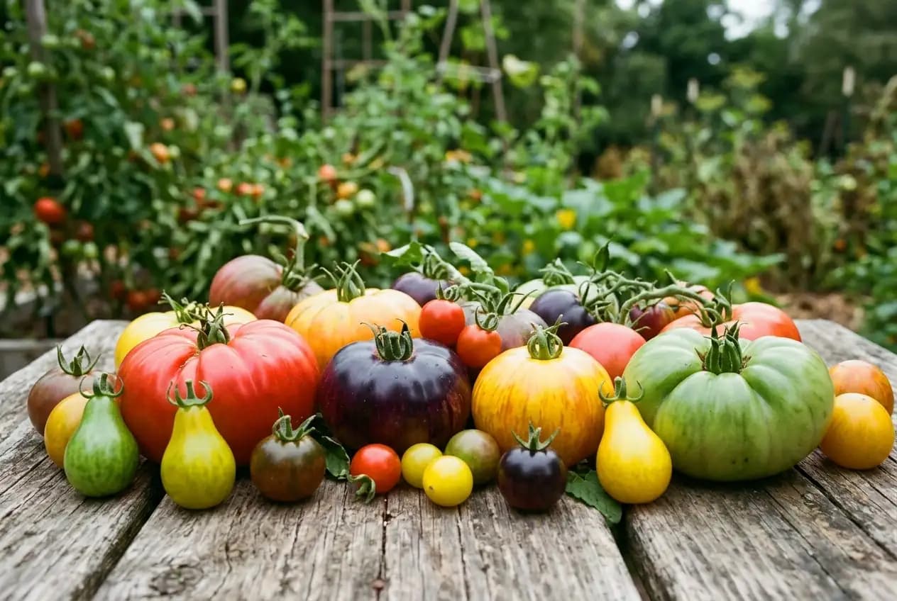 Verschiedenfarbige und -geformte Heirloom-Tomaten in Rot, Gelb und Grün auf einer Holzoberfläche