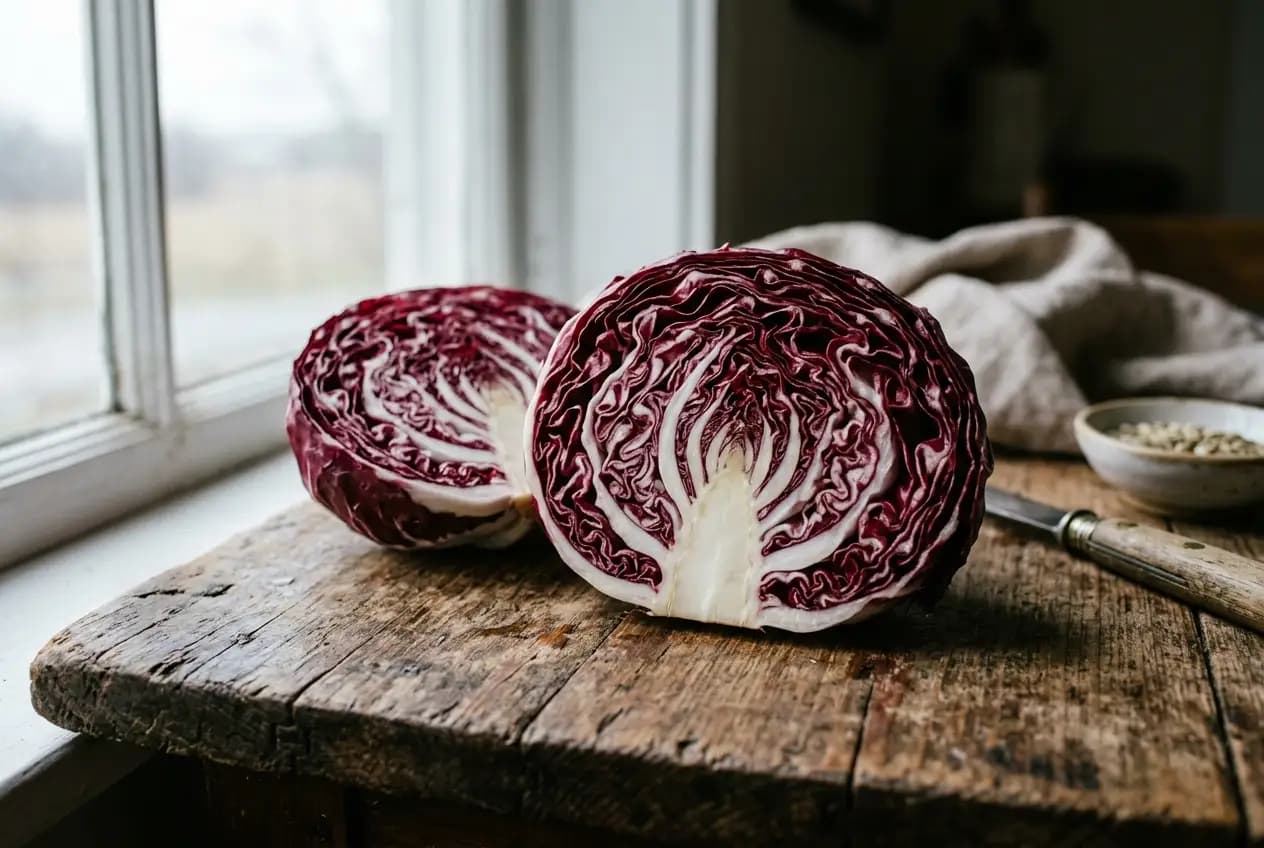 Ein aufgeschnittener Radicchio-Kopf zeigt die charakteristische weiß-rote Musterung der Blätter im Detail