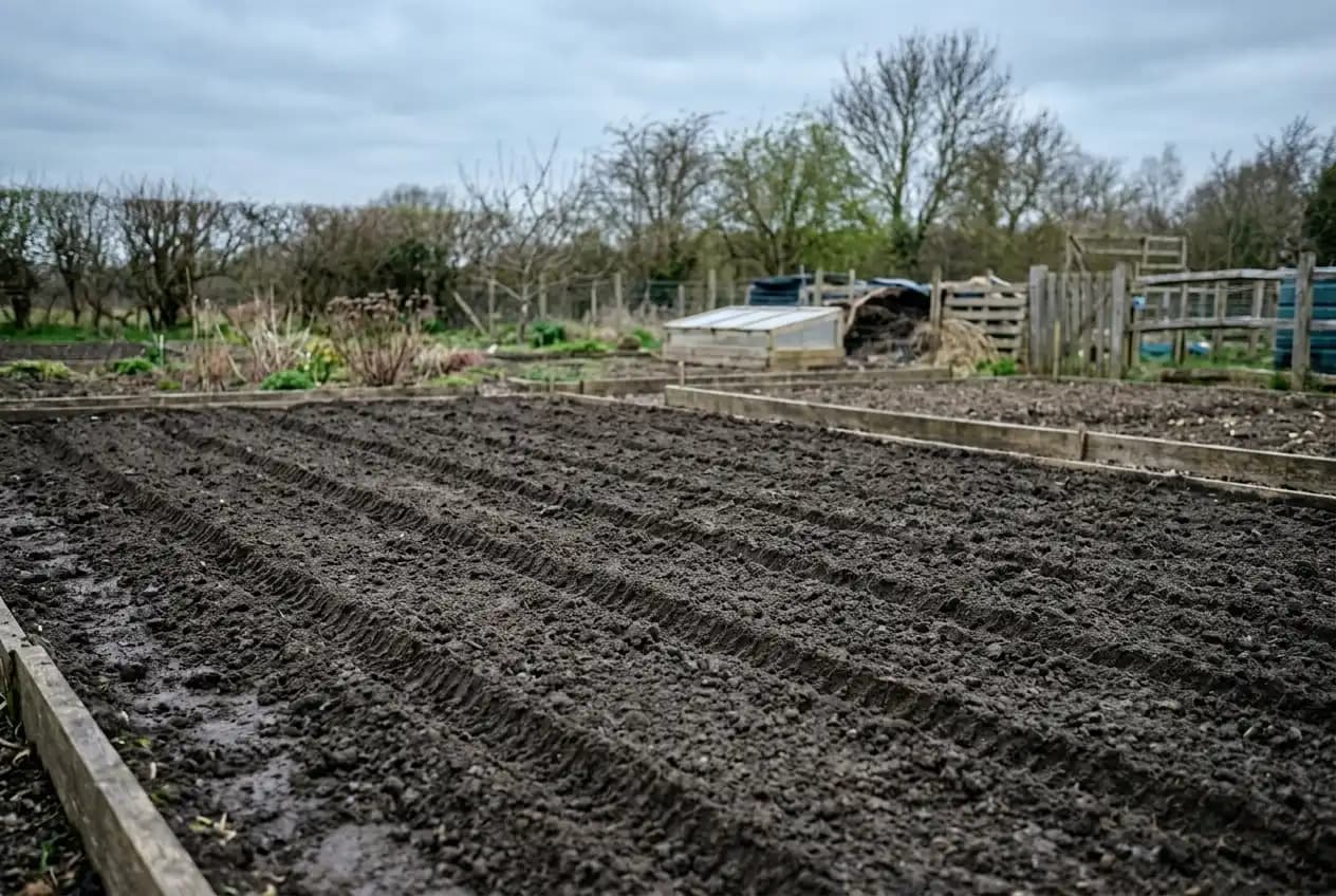 Frisch geharktes Gartenbeet mit parallelen Saatrillen an einem bewölkten Frühlingstag
