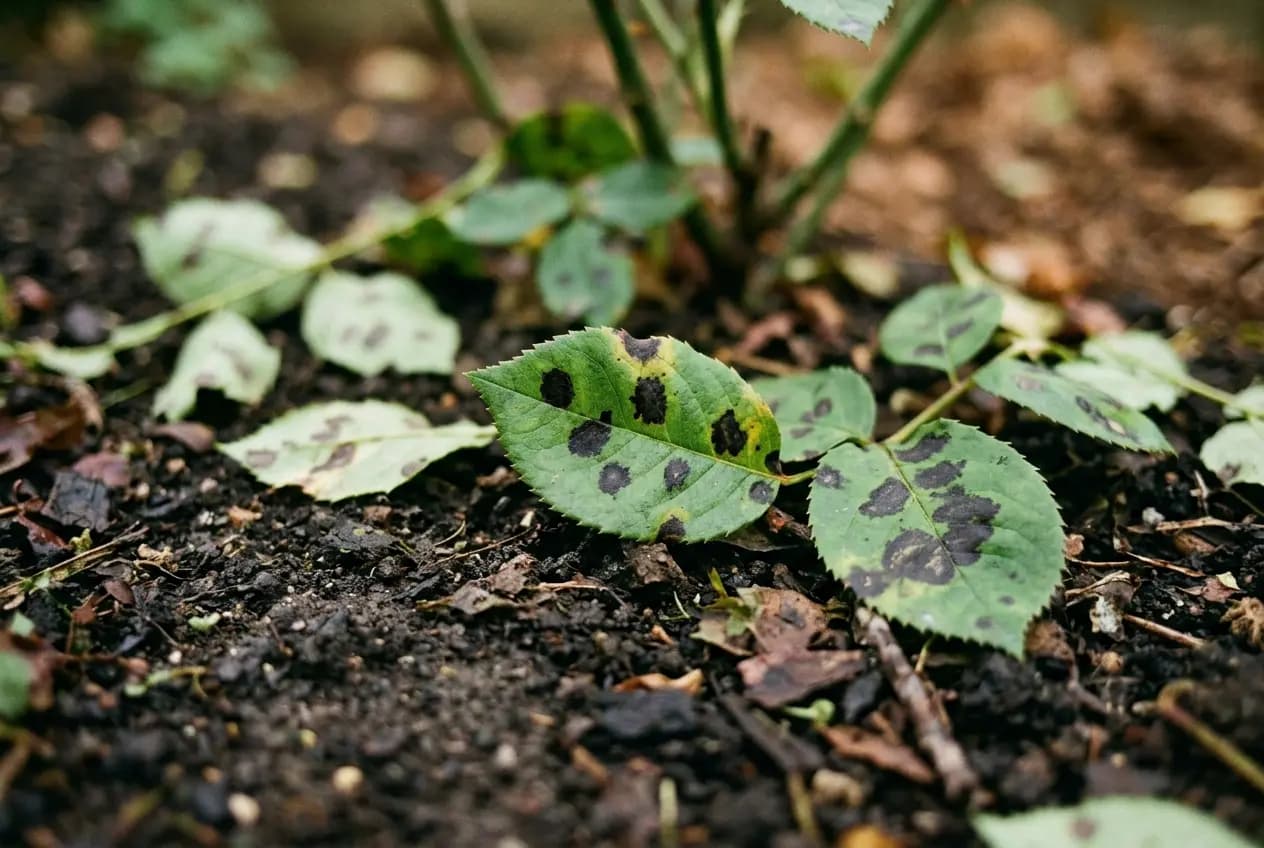 Abgefallene grüne Rosenblätter mit schwarzen Flecken auf dem Gartenboden, als Sporenquelle für weitere Infektionen