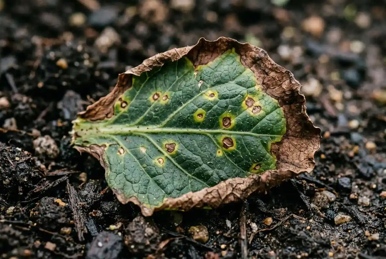 Nahaufnahme eines Pflanzenblattes mit braunen abgestorbenen Rändern und kleinen runden Flecken als typische Blattrandbrand-Symptome