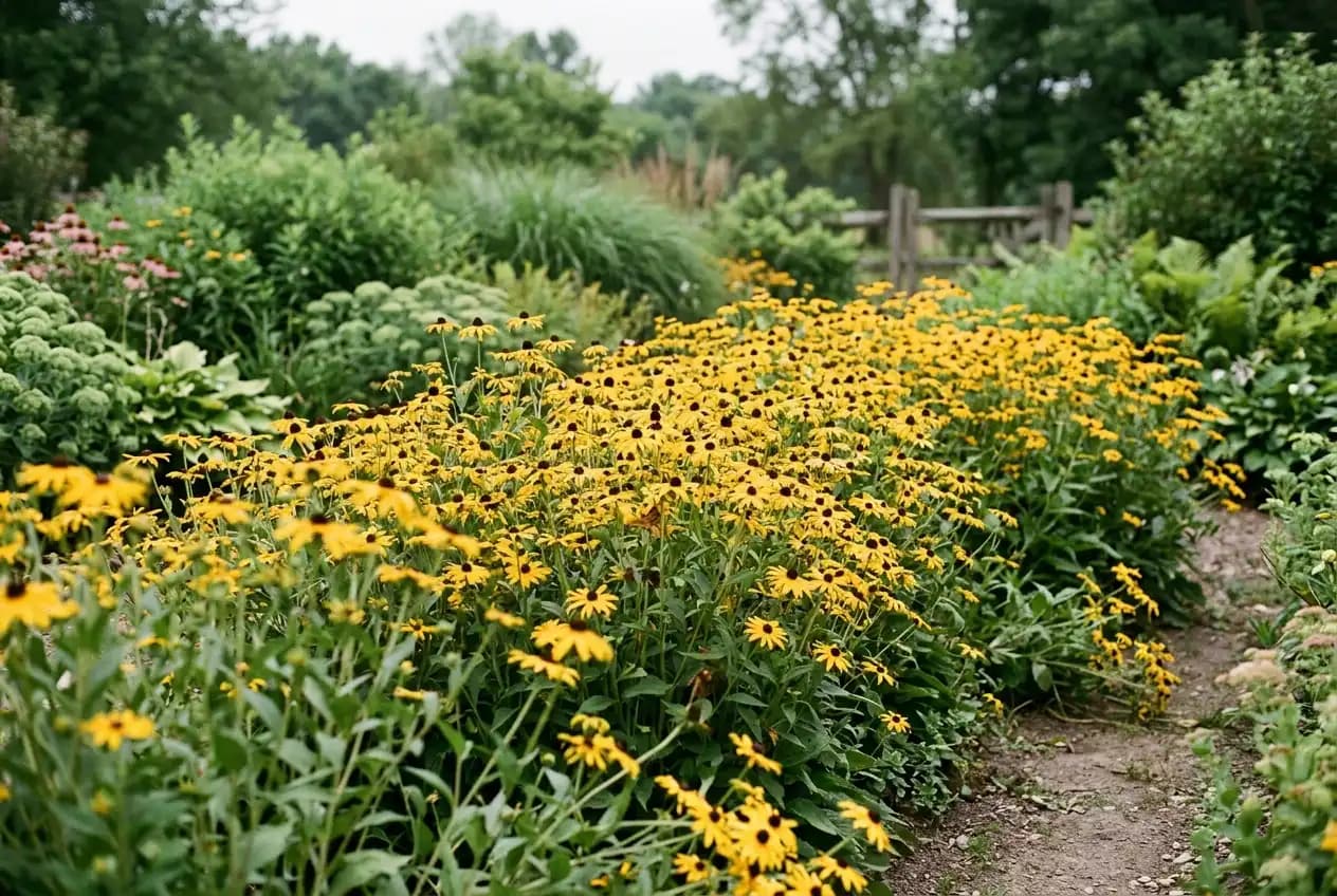 Dicht blühendes Staudenbeet mit gelben Sonnenhut-Blüten in warmem Morgenlicht vor grünem Hintergrund