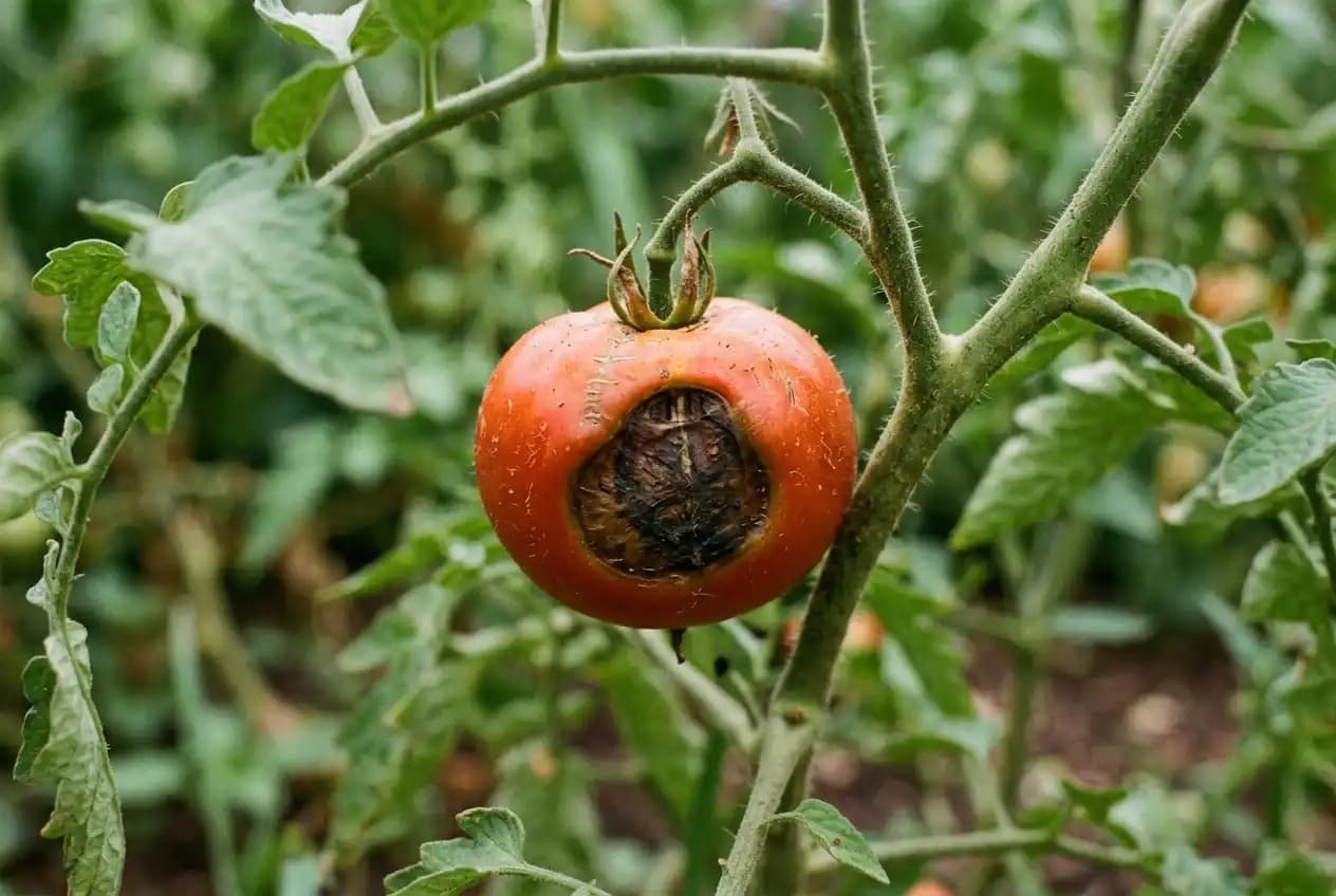 Tomatenpflanze mit typischen braunen bis schwarzen Flecken der Braunfäule auf Blättern und Stängeln