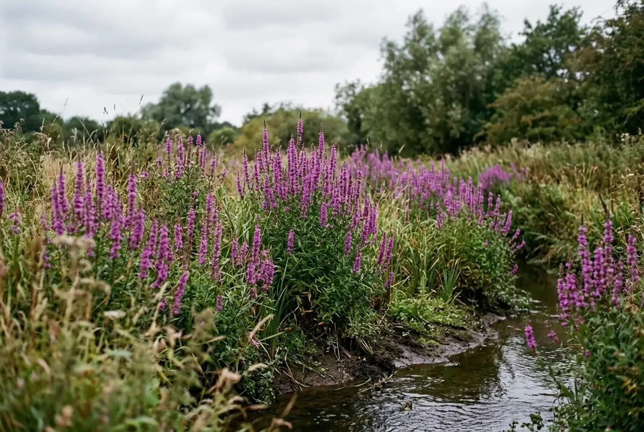 Leuchtend purpurrote Blütenähren des Blutweiderich ragen dicht über ruhigem Teichwasser auf