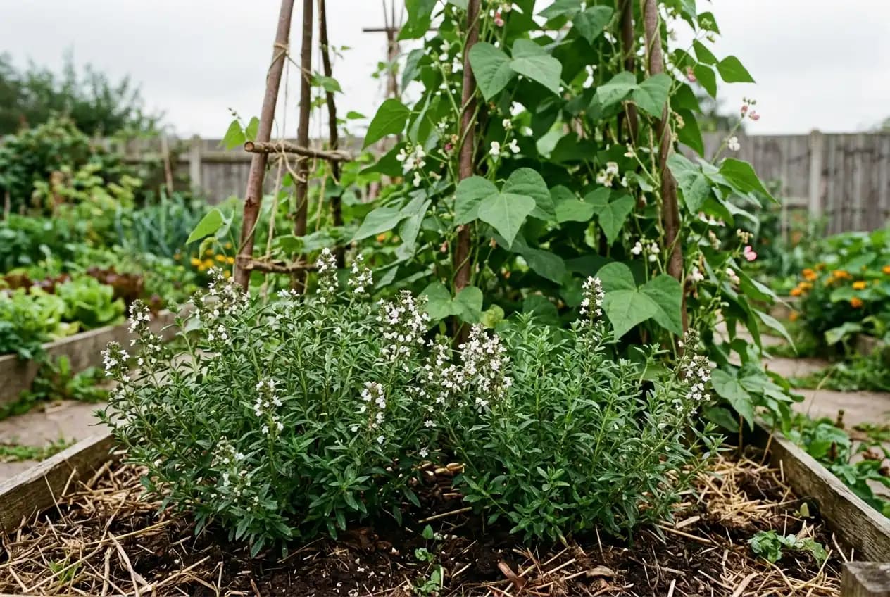 Bohnenkrautpflanze wächst direkt neben grünen Bohnenpflanzen in einem Gemüsebeet, sichtbare Mischkultur im Garten
