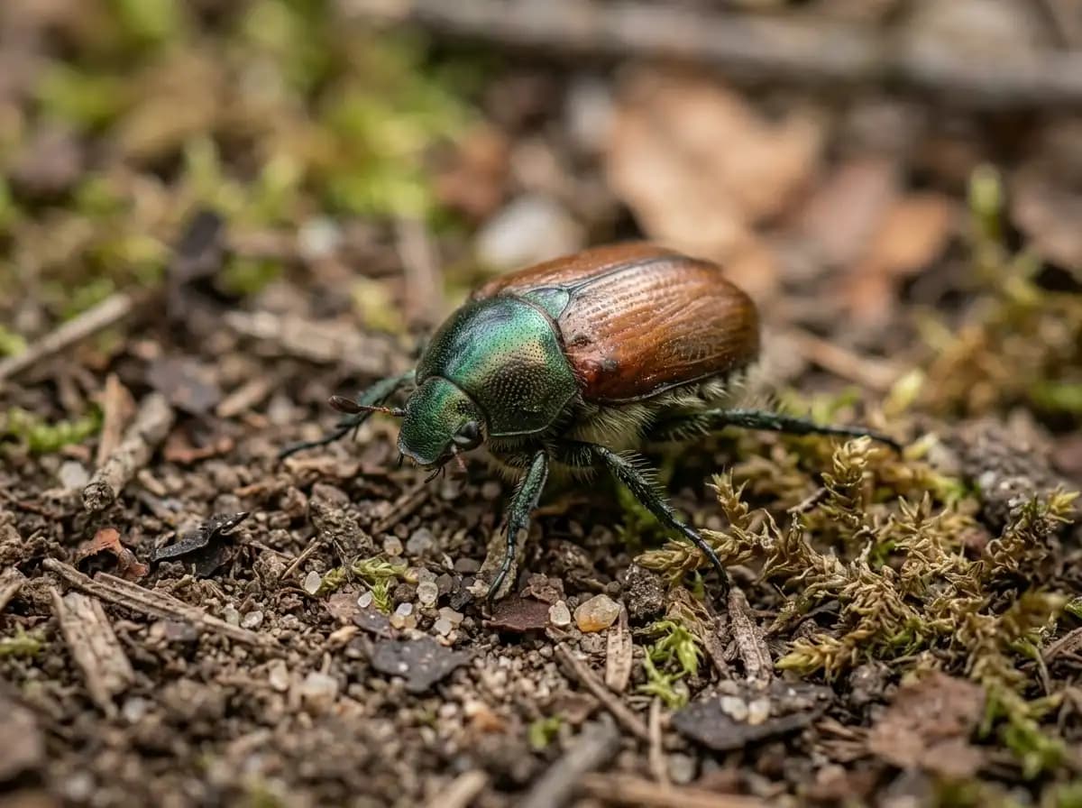 Kreisrunde braune Kahlstellen in einem geschädigten Rasenstück durch Gartenlaubkäfer-Engerlinge