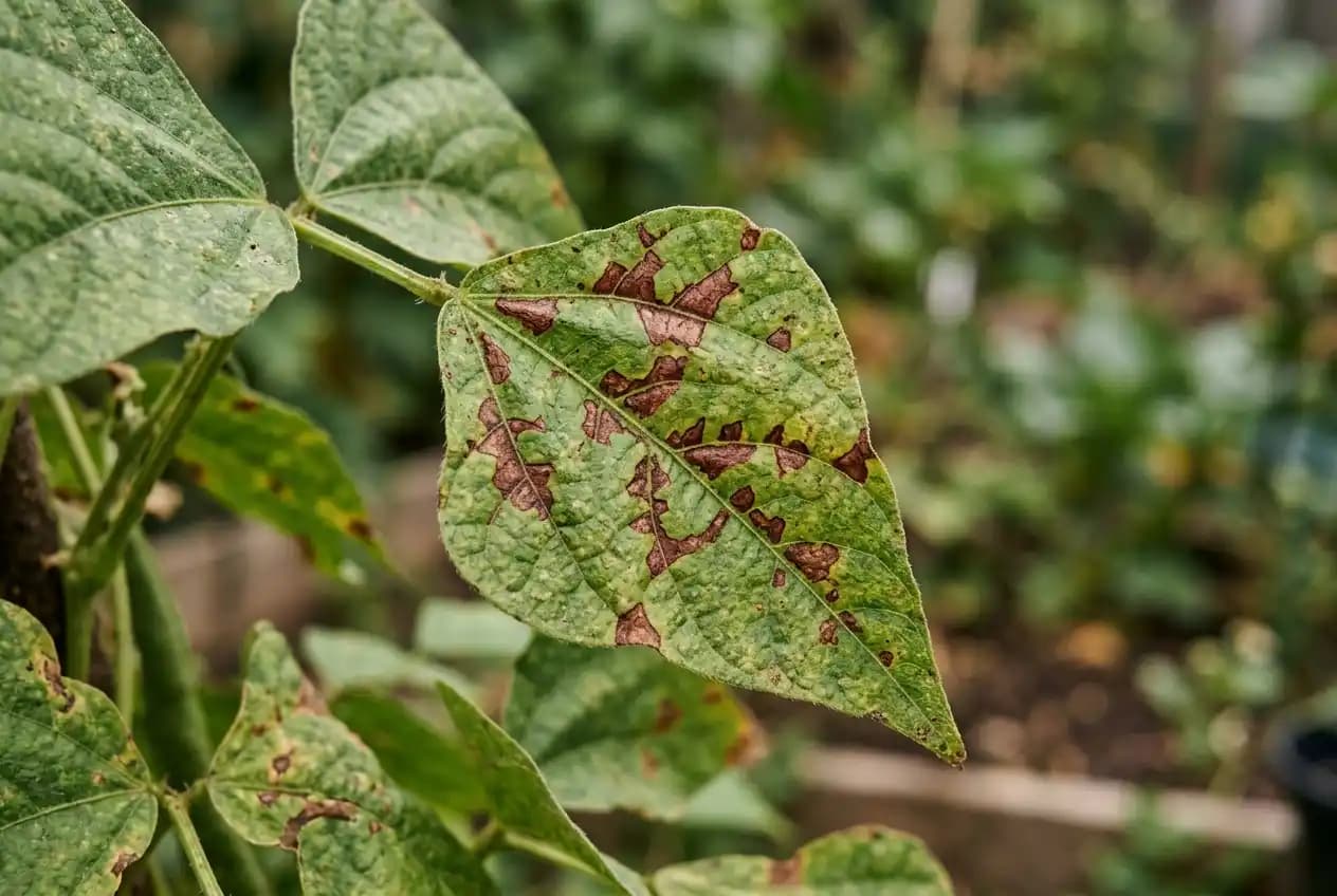 Eckige dunkelbraune Blattflecken entlang der Blattadern einer Bohnenpflanze als Zeichen der Brennfleckenkrankheit