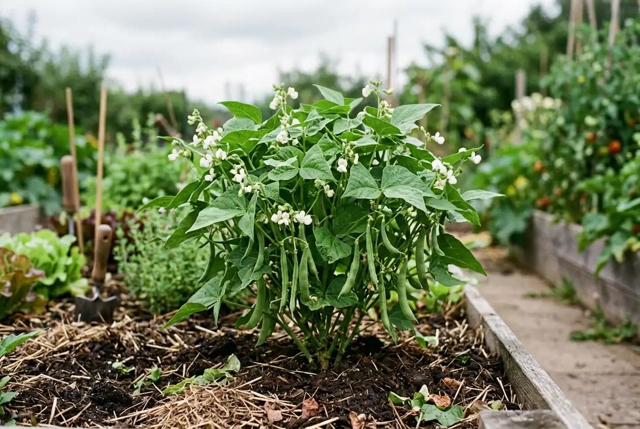 Grüne Buschbohnenhülsen hängen dicht am kompakten Strauch in einem Gartenbeet, bereit zur Ernte