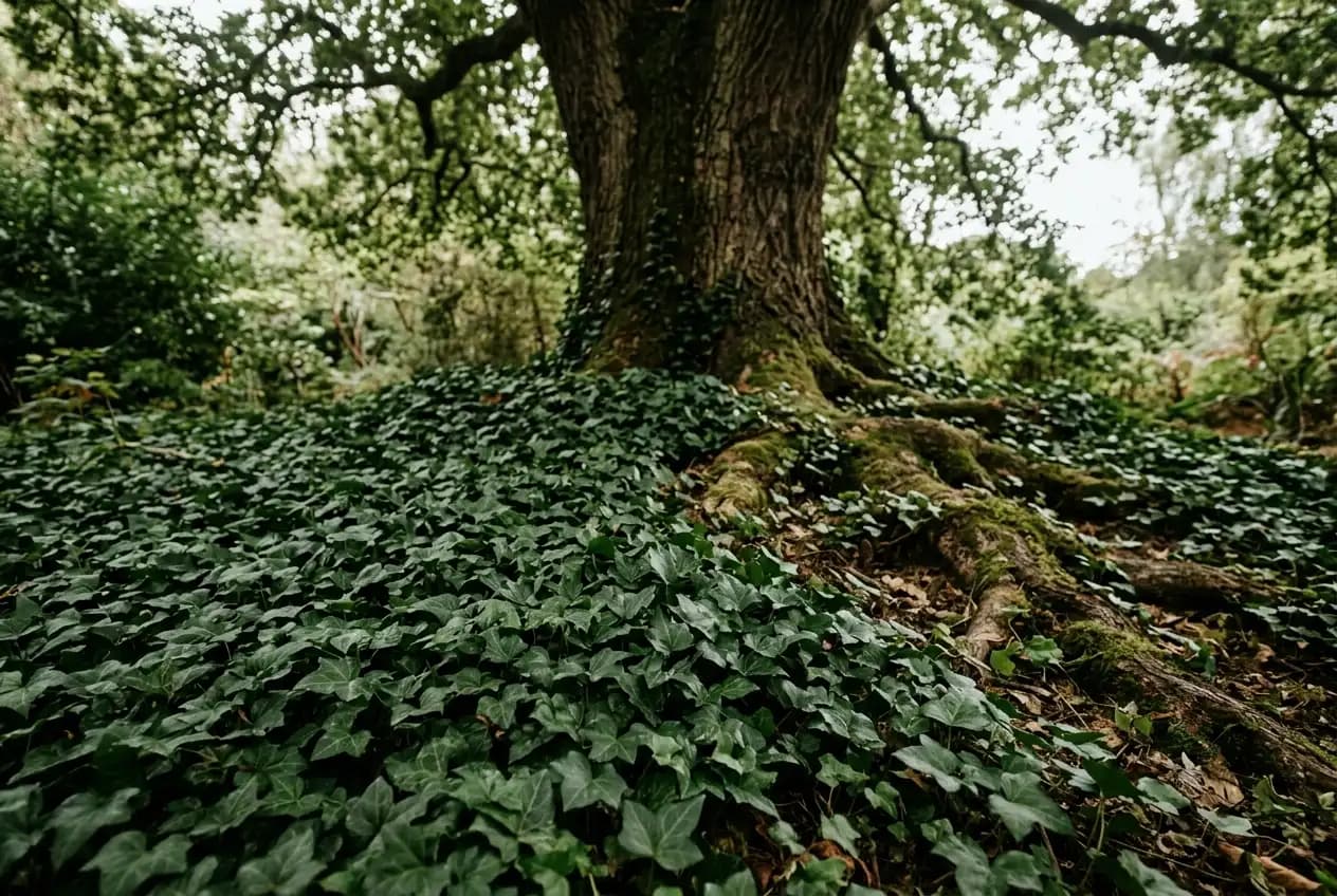 Dichter grüner Efeu-Teppich bedeckt den schattigen Boden unter einem großen Laubbaum im Garten