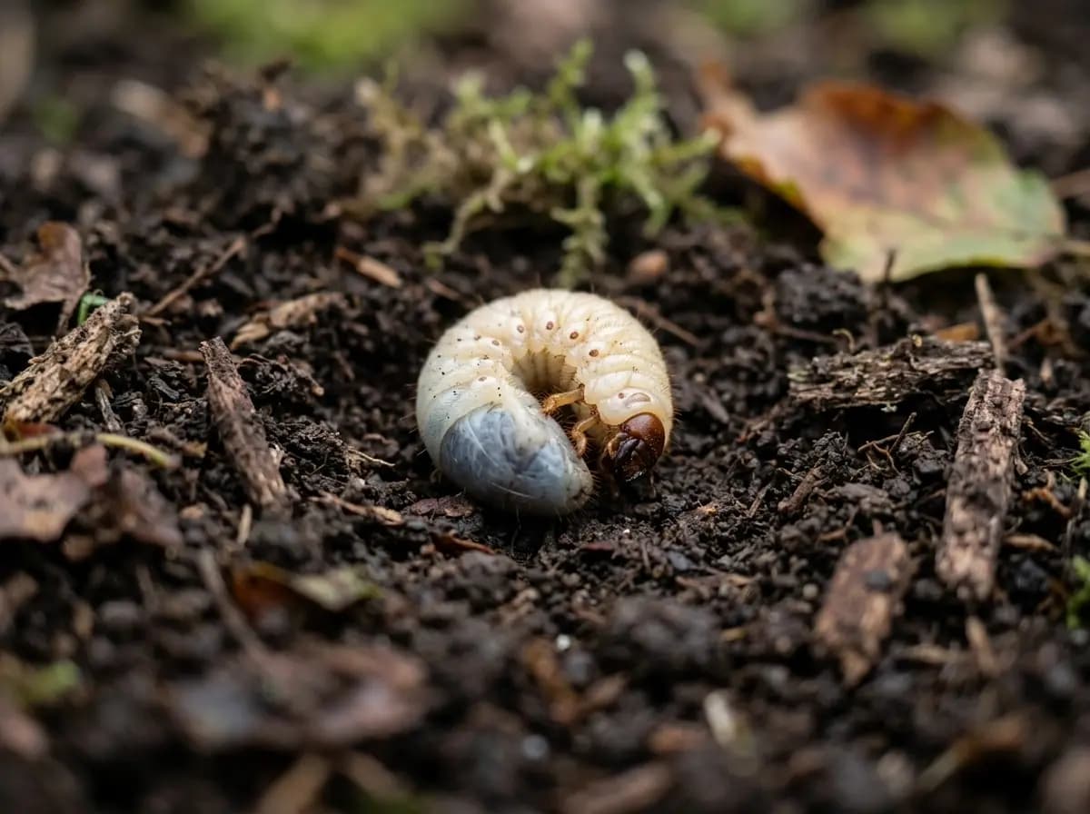 Weißer Engerling in C-Form liegt im dunklen Gartenboden umgeben von Erde und Rindenresten