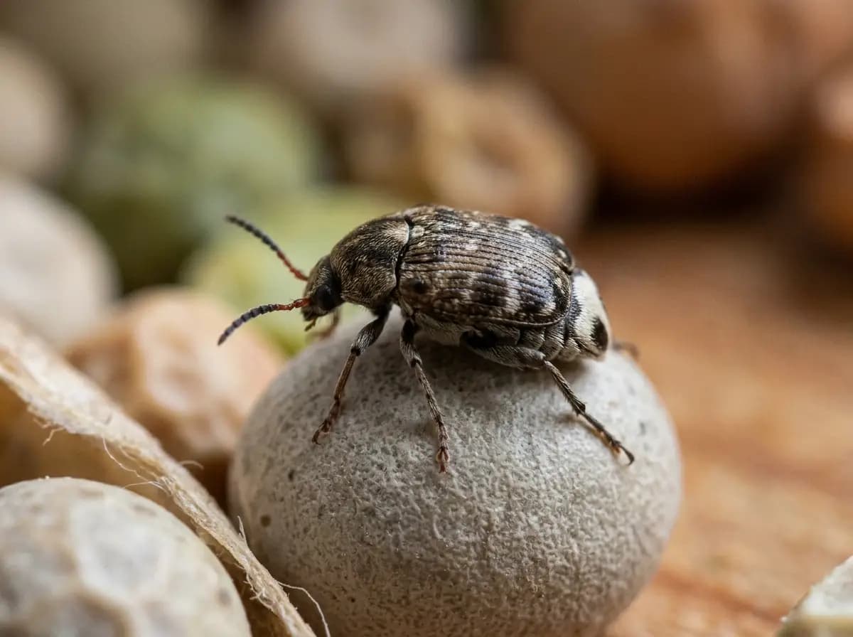Nahaufnahme eines Erbsenkäfers auf einem beschädigten, ausgehöhlten Erbsenkorn mit sichtbaren Schlupflöchern