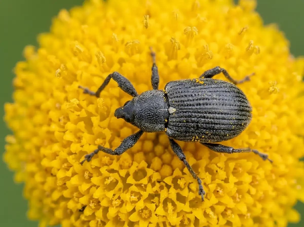 Kleiner schwarzer Rüsselkäfer Anthonomus rubi sitzt auf einer Erdbeerknospe und bohrt mit seinem Rüssel