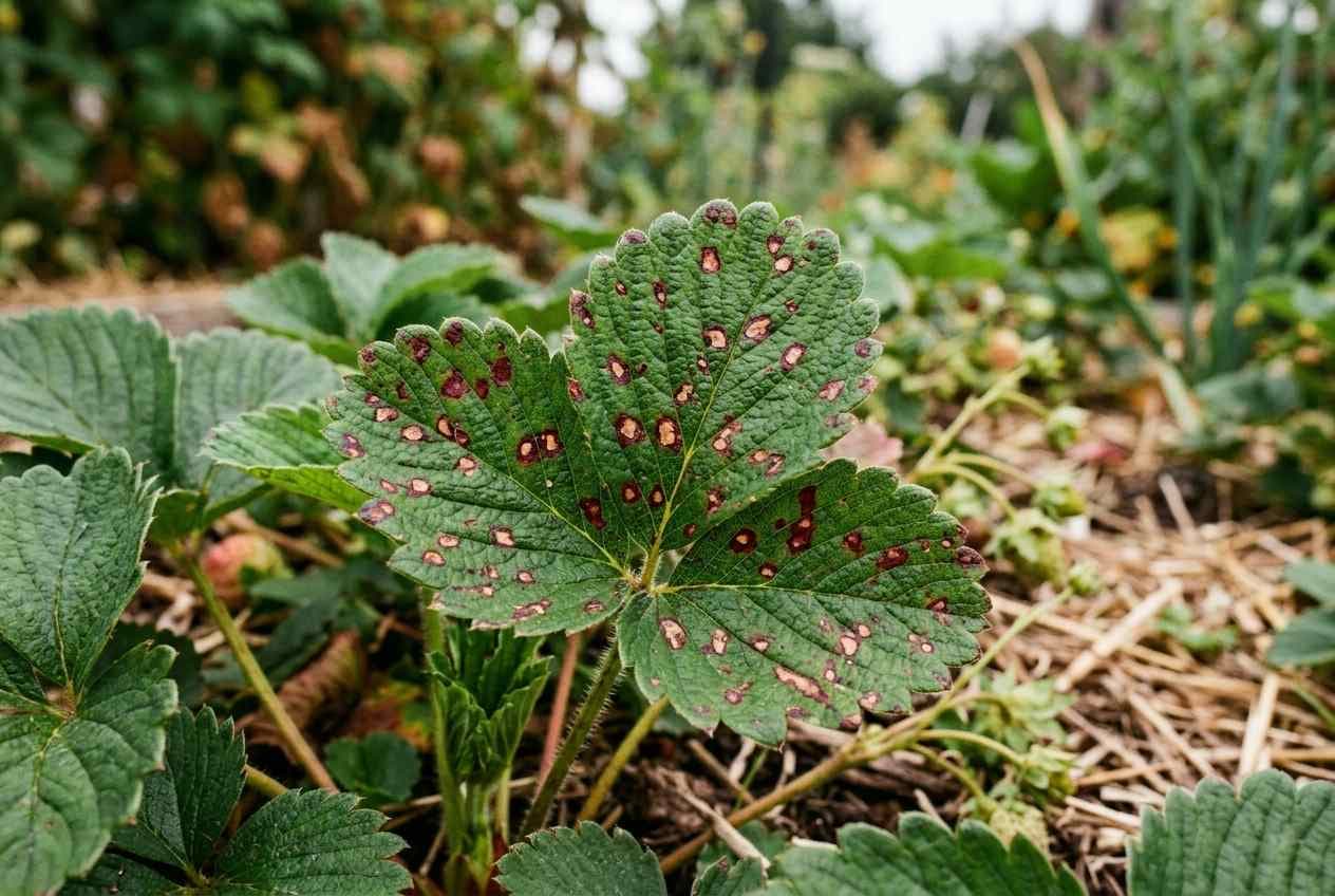 Nahaufnahme eines Erdbeerlatts mit dunkelroten, unregelmäßigen Flecken als Symptom der Rotfleckenkrankheit