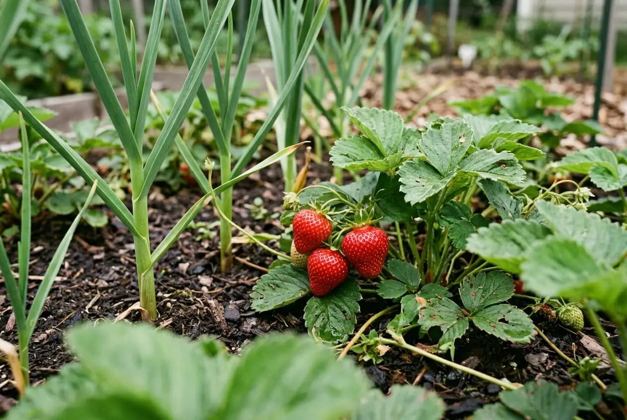 Grüne Möhrenblätter und Zwiebellauch wachsen in alternierenden Reihen in lockerer Gartenerde