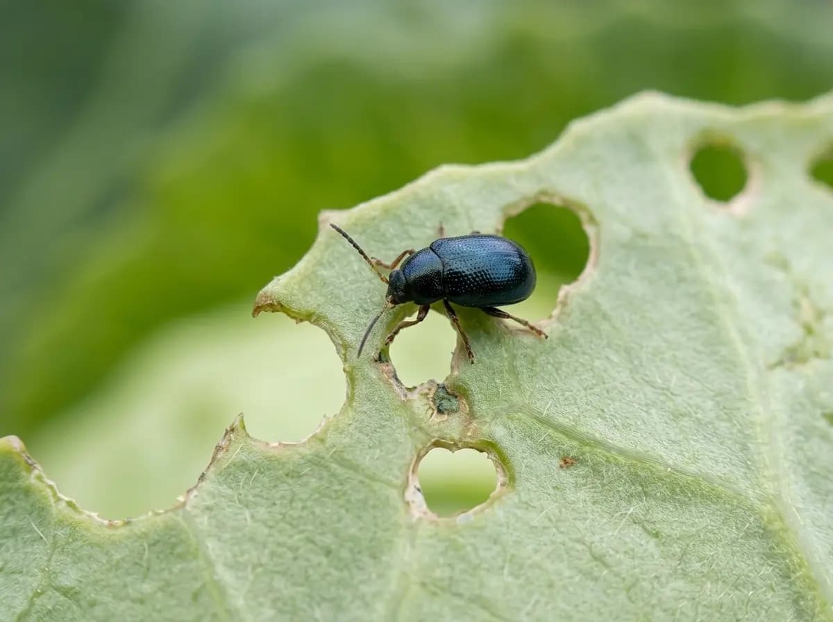 Nahaufnahme eines kleinen blauschwarzen Erdfloh-Käfers auf einem stark durchlöcherten Pflanzenblatt