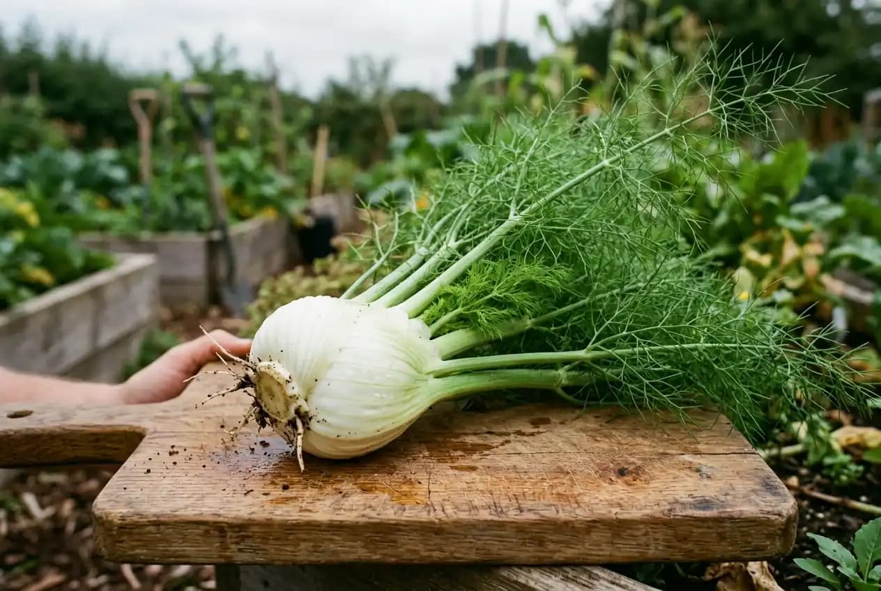 Mehrere Knollenfenchel-Pflanzen mit weißen Knollen und grünem Fenchelgrün in einem Gemüsebeet