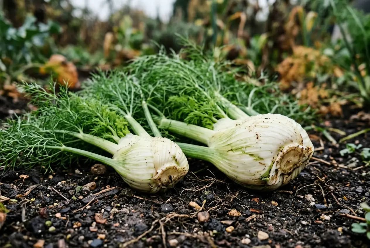 Zwei reife Knollenfenchel-Sorten nebeneinander auf dunkler Gartenerde, weiße und leicht grünliche Knollen mit langen Blättern