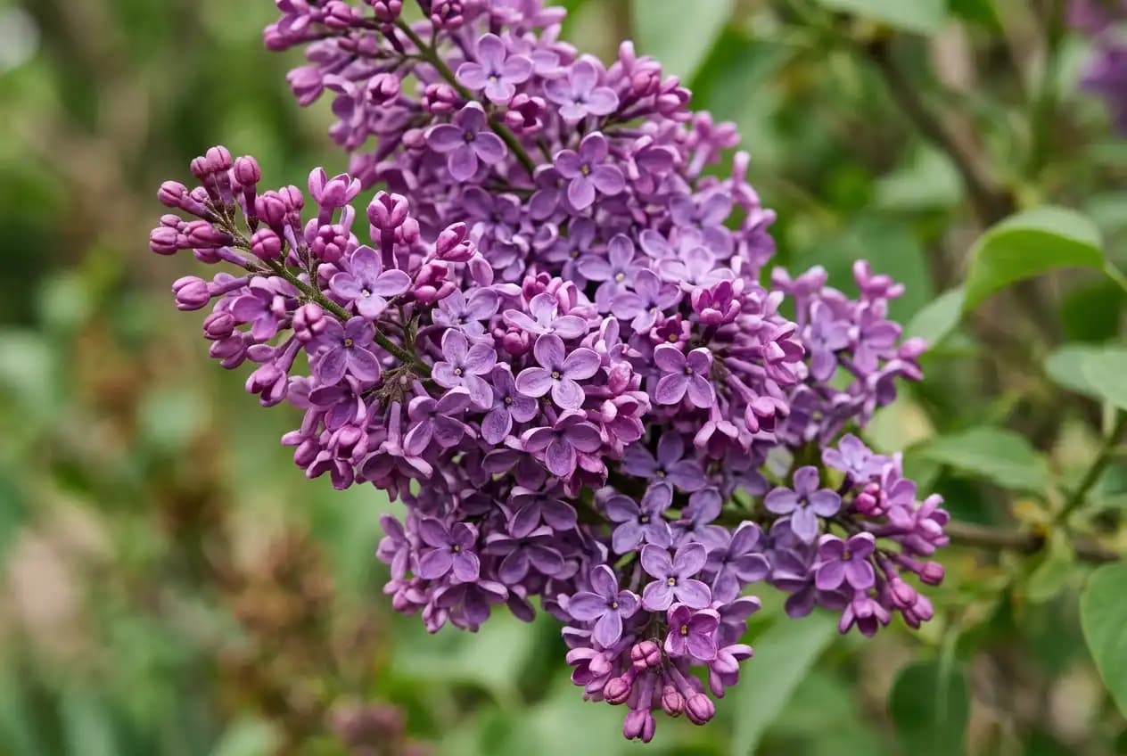 Detailaufnahme einer violetten Fliederblütenrispe mit hunderten kleiner Einzelblüten, weicher grüner Hintergrund