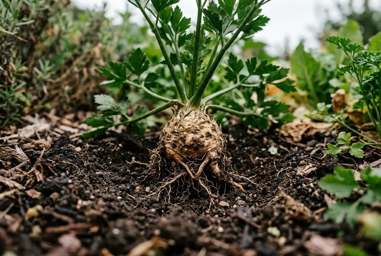 Eine kräftige, helle Sellerieknolle wächst gut sichtbar zwischen grünem Laub im Gartenbeet