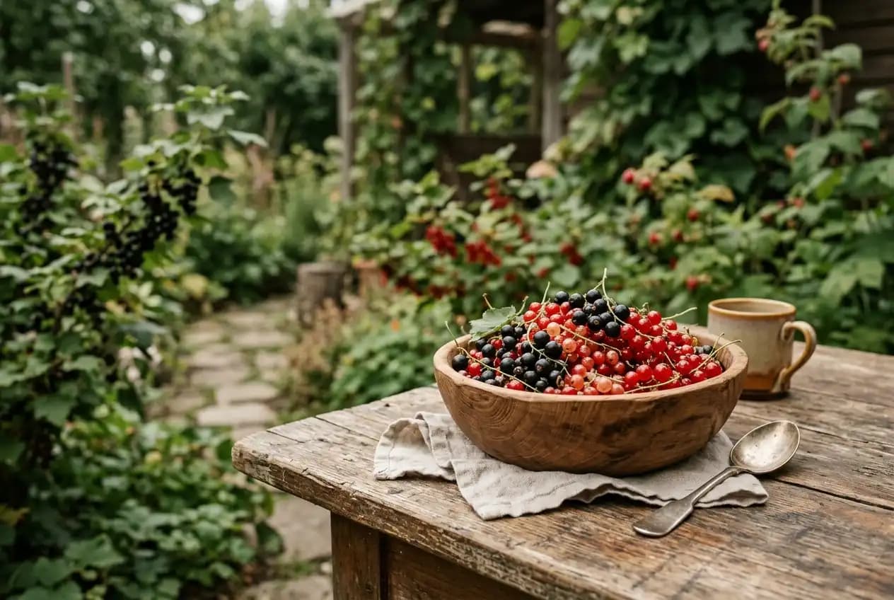 Eine Holzschale ist gefüllt mit frisch geernteten roten und schwarzen Johannisbeeren
