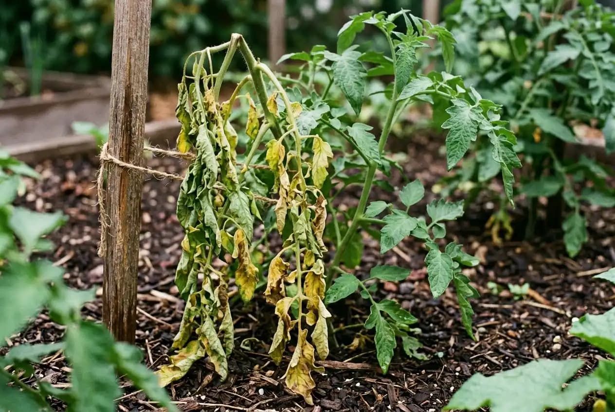 Tomatenpflanze mit einseitiger Welke durch Fusarium-Befall, eine Seite schlaff hängend, andere noch aufrecht