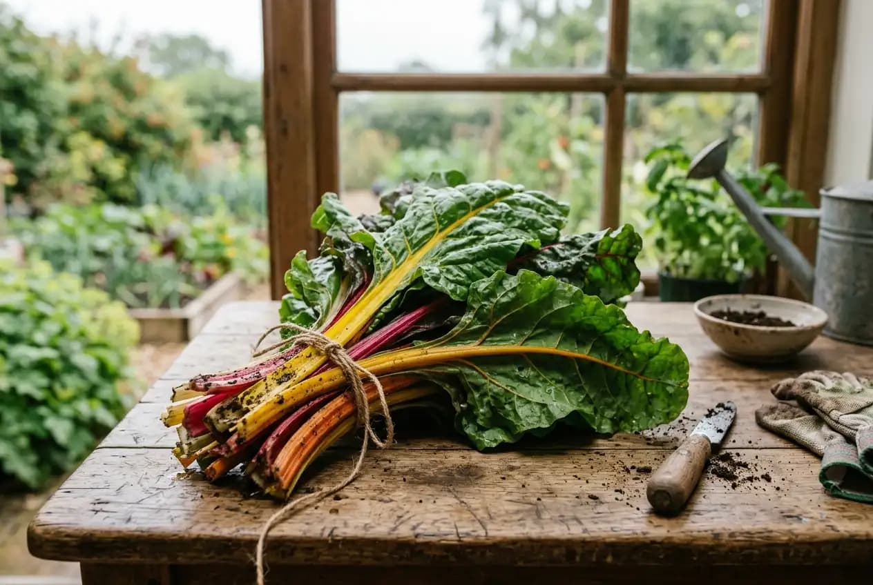 Bunter Mangold mit gelben, roten und weißen Stielen wächst dicht in einem Gemüsebeet mit feuchter Erde