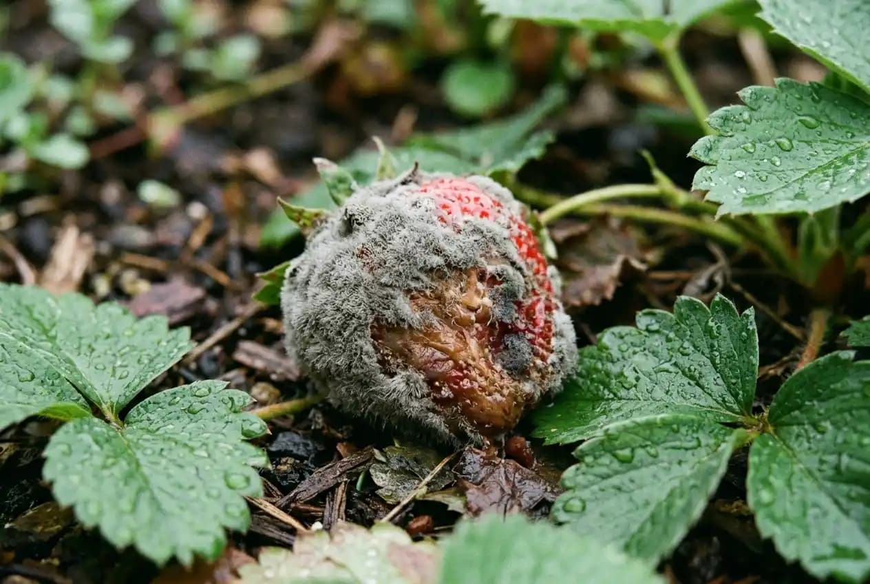 Reife Erdbeere mit grauem, flaumigem Pilzbelag durch Botrytis cinerea, umgeben von gesunden grünen Blättern