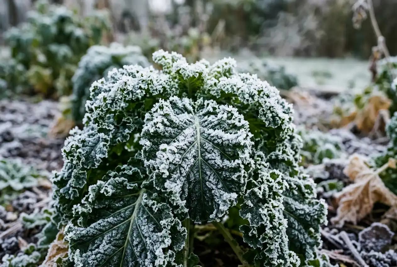 Nahaufnahme stark gekräuselter Grünkohl-Blätter mit Raureifkristallen überzogen, winterliches kaltes Morgenlicht, tiefgrüne Farbe