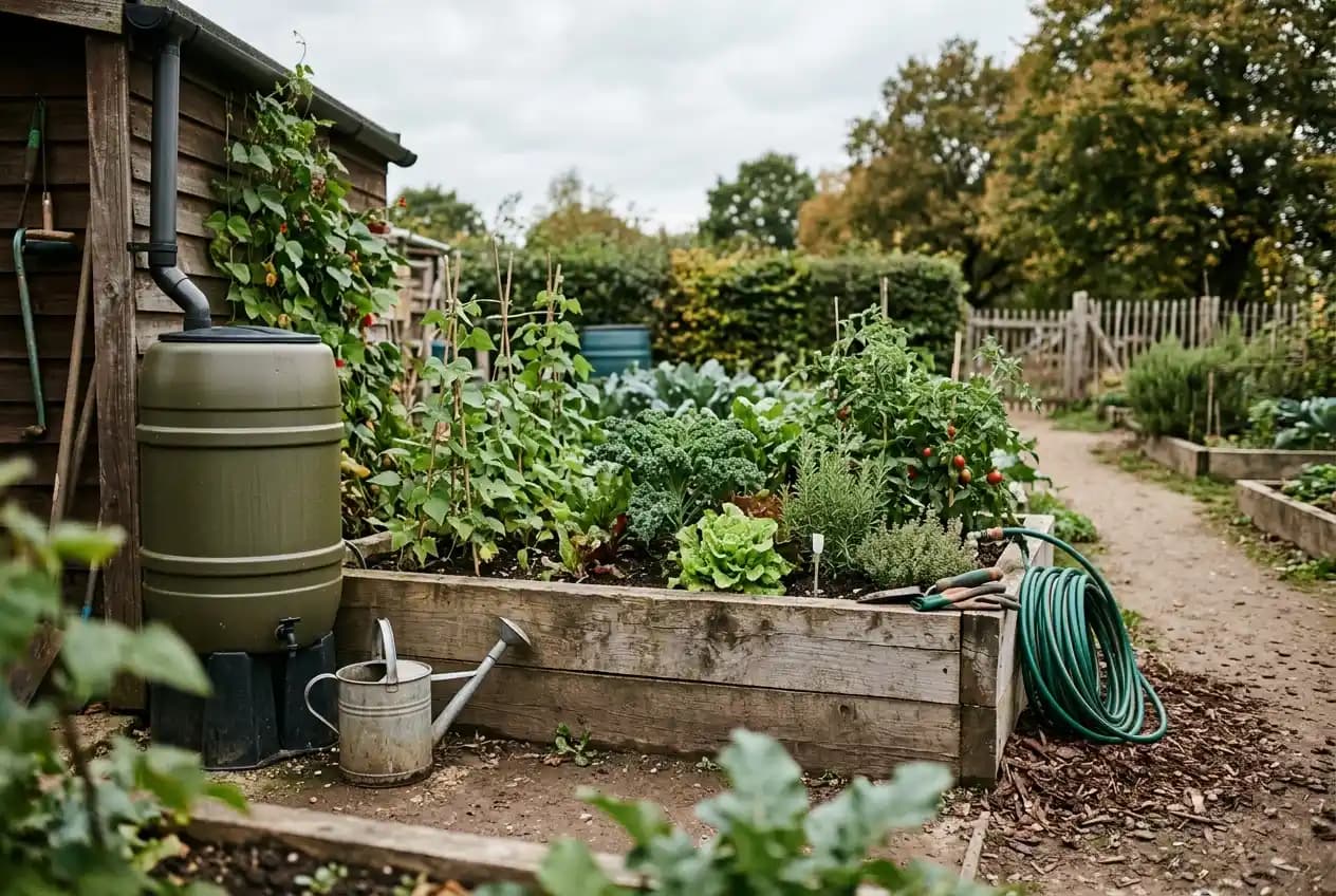 Verschiedene Gemüse- und Kräuterpflanzen im Hochbeet mit direkter Sonneneinstrahlung durch die Pflanzenreihen
