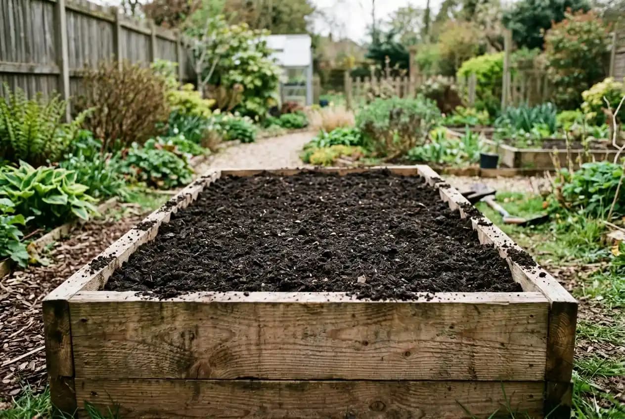 Hochbeet-Querschnitt mit Holzschicht, Kompostschicht und Pflanzerde von unten nach oben