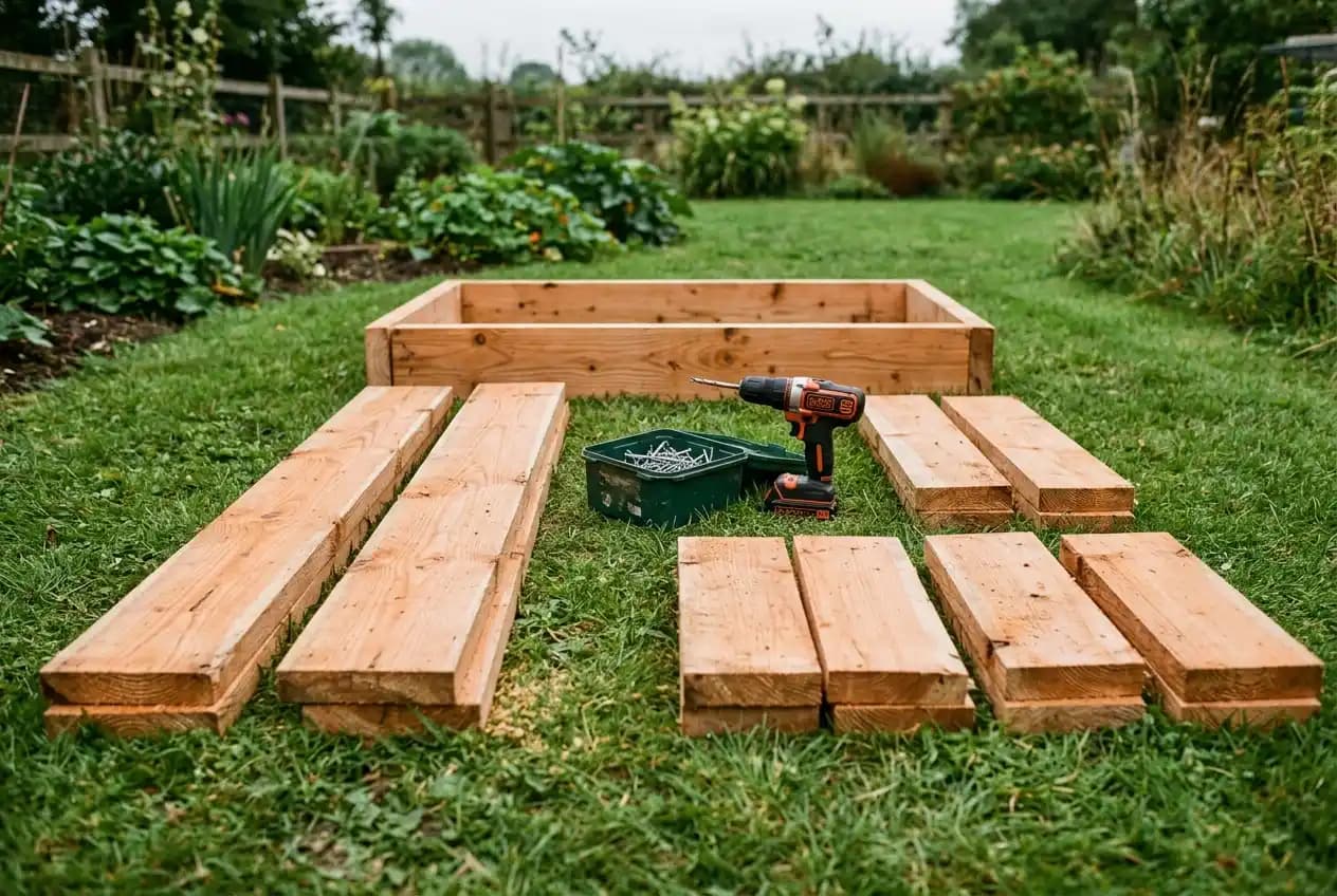 Hochbeet aus naturbelassenem Lärchenholz mit frisch angewachsenen Gemüsepflanzen im Garten