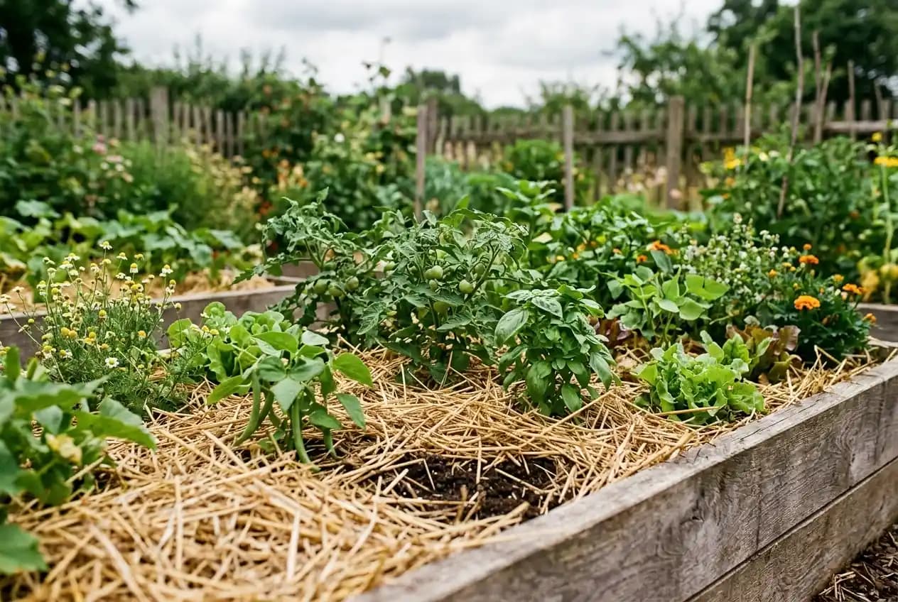 Dicke Strohschicht als Mulch auf dem Hochbeet zwischen Gemüsepflanzen zum Schutz vor Hitze und Austrocknung