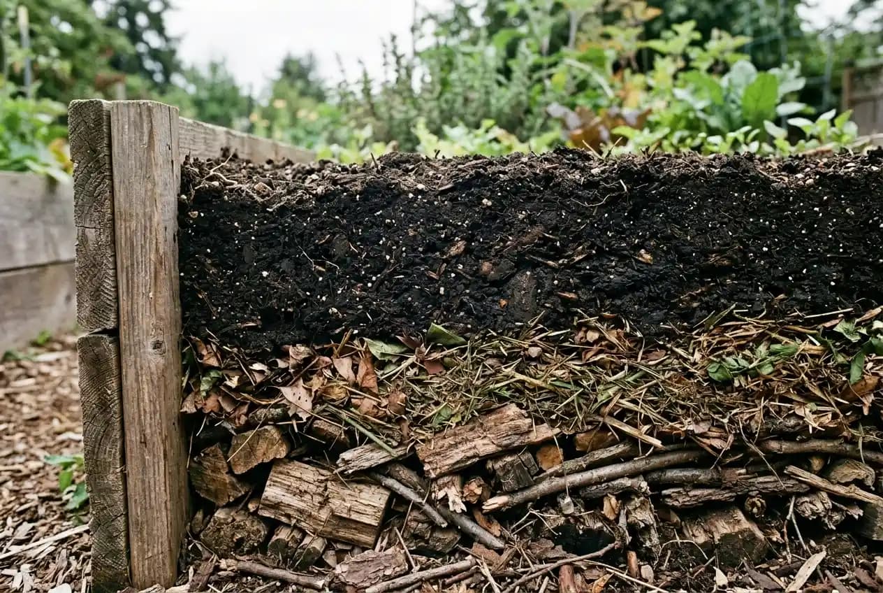 Halb befülltes Holz-Hochbeet im Garten mit sichtbaren Schichten aus Ästen und organischem Material