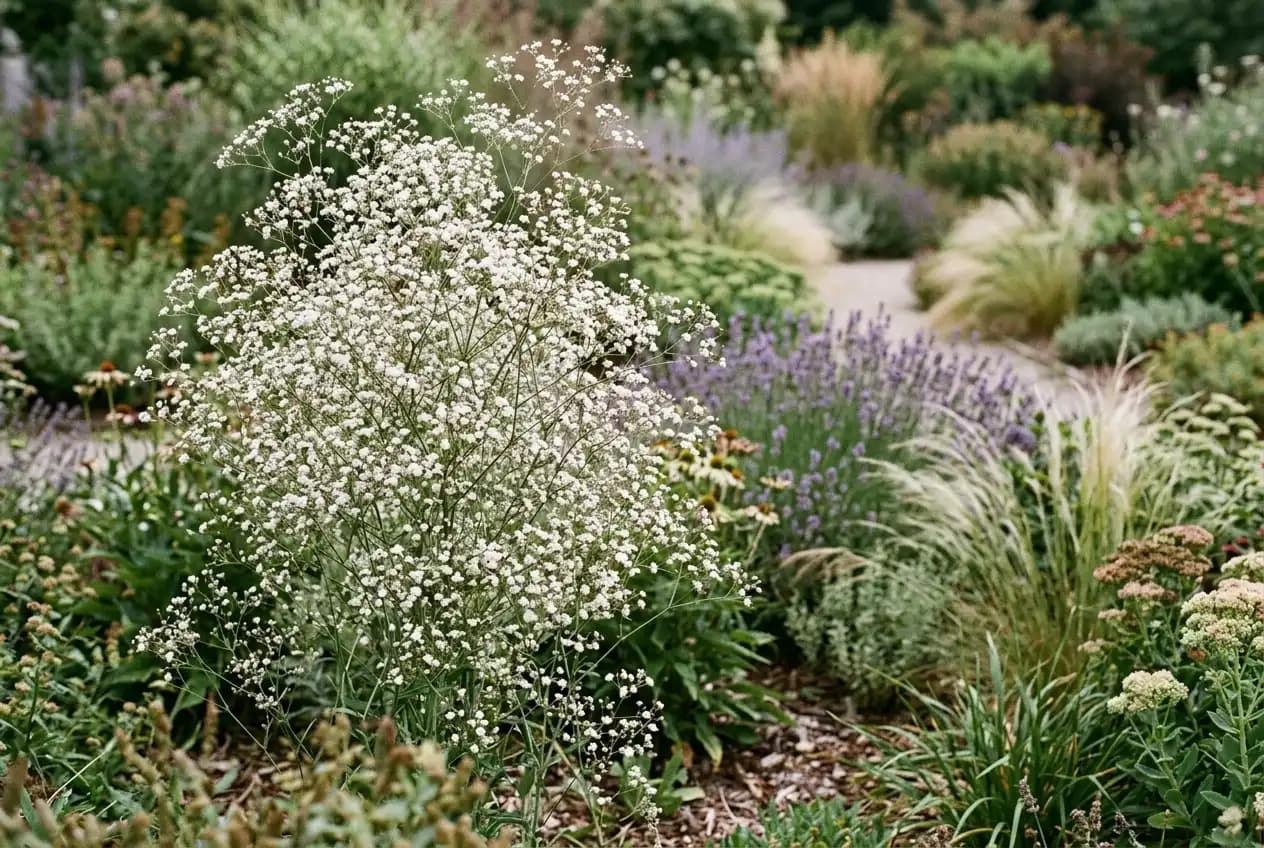 Hohe Schleierkraut-Staude mit zahlreichen kleinen weißen Blüten in wolkenartiger Form in einem sonnigen Staudenbeet