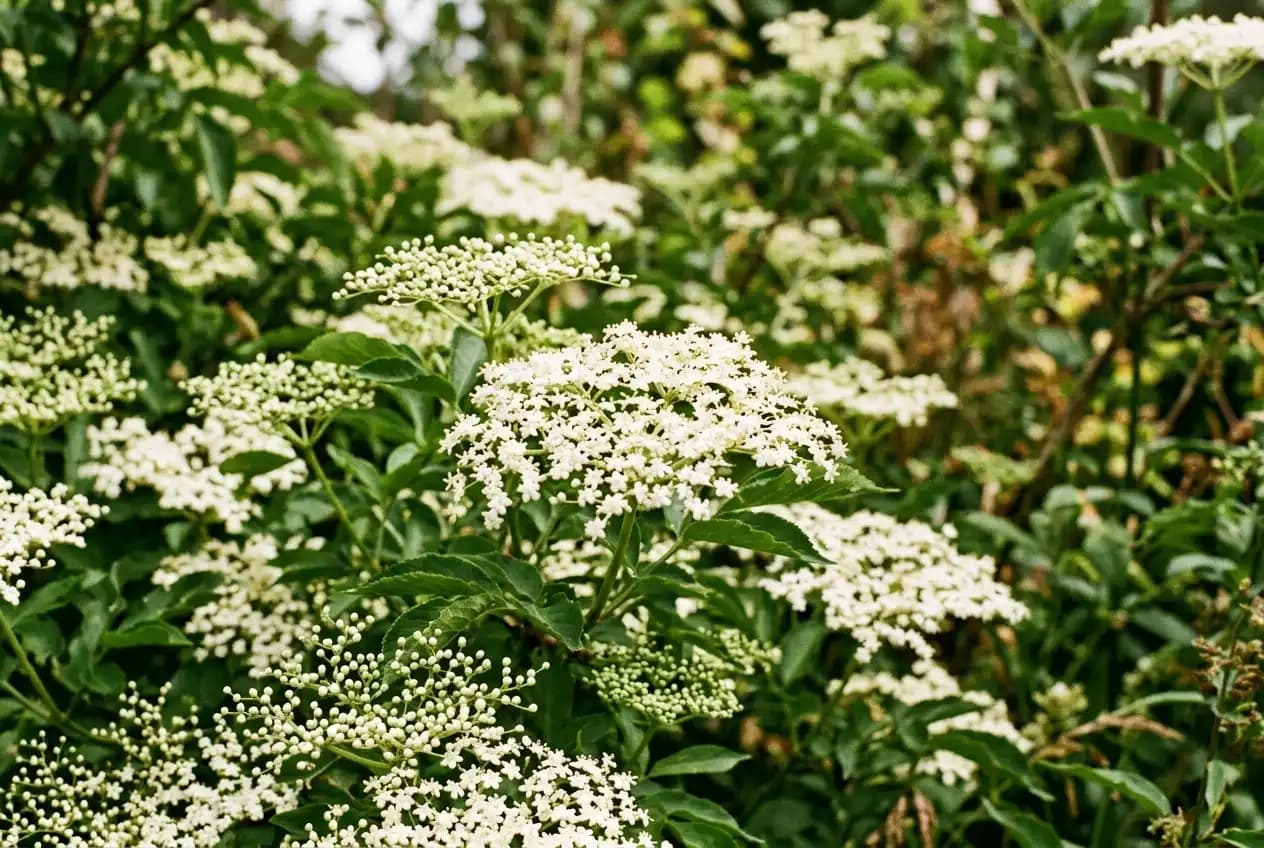Weiße Schirmblüten des schwarzen Holunders in voller Blüte, Nahaufnahme der flachen Blütendolden