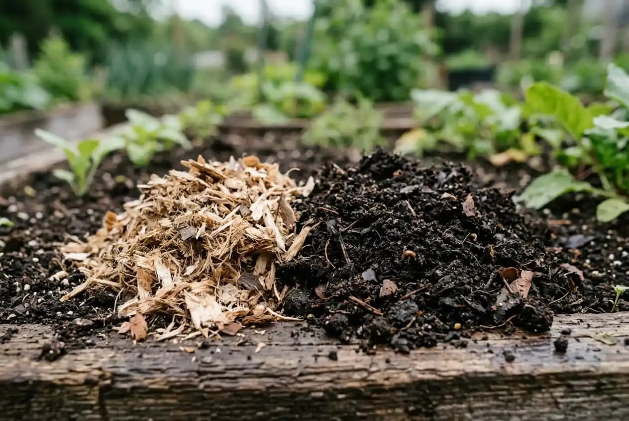 Frisch befülltes Hochbeet mit dunkler Komposterde und kleinen Gemüsejungpflanzen im Frühling