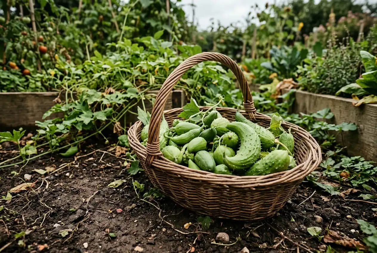 Ein Weidenkorb gefüllt mit frisch geernteten Inkagurken verschiedener Größen liegt auf dem Gartenboden neben dem Beet