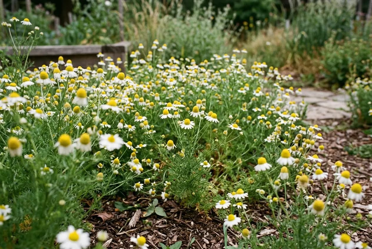 Mehrere blühende Kamillepflanzen mit weißen Zungenblüten und goldgelbem Blütenkegel in einem naturnahen Gartenbeet