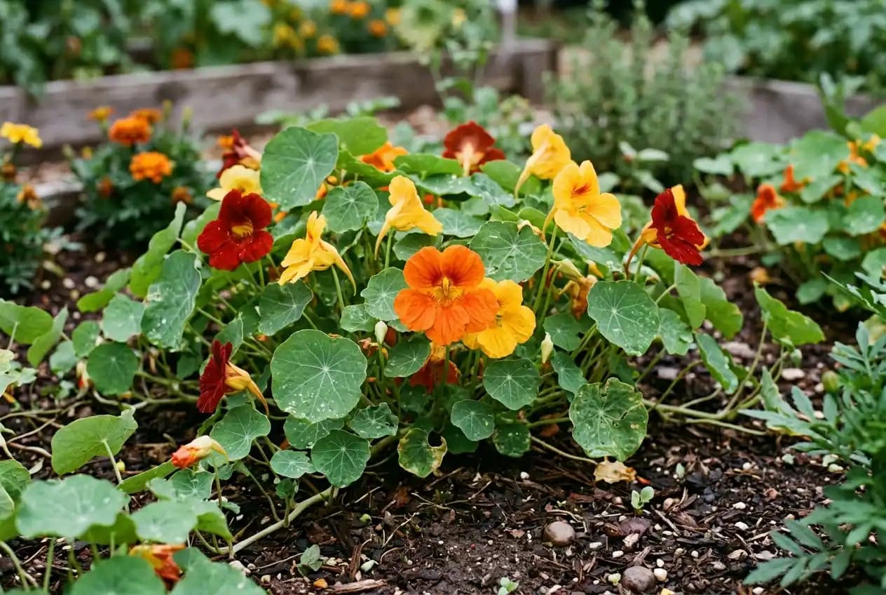 Leuchtend orange und gelbe Kapuzinerkresseblüten mit runden Blättern dicht im Gartenbeet