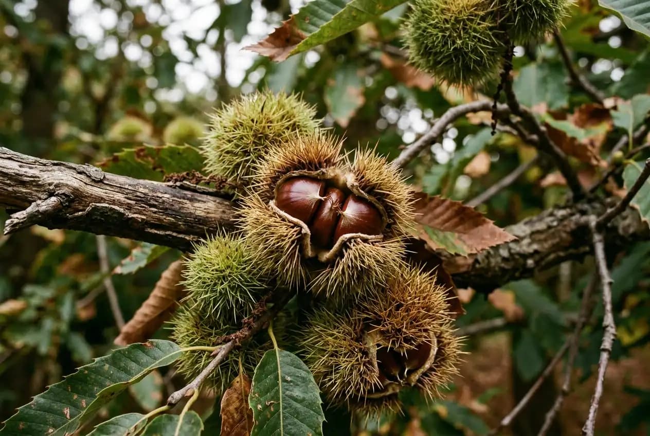 Mehrere glänzende braune Maronen liegen zwischen goldenem Herbstlaub auf einem Waldboden