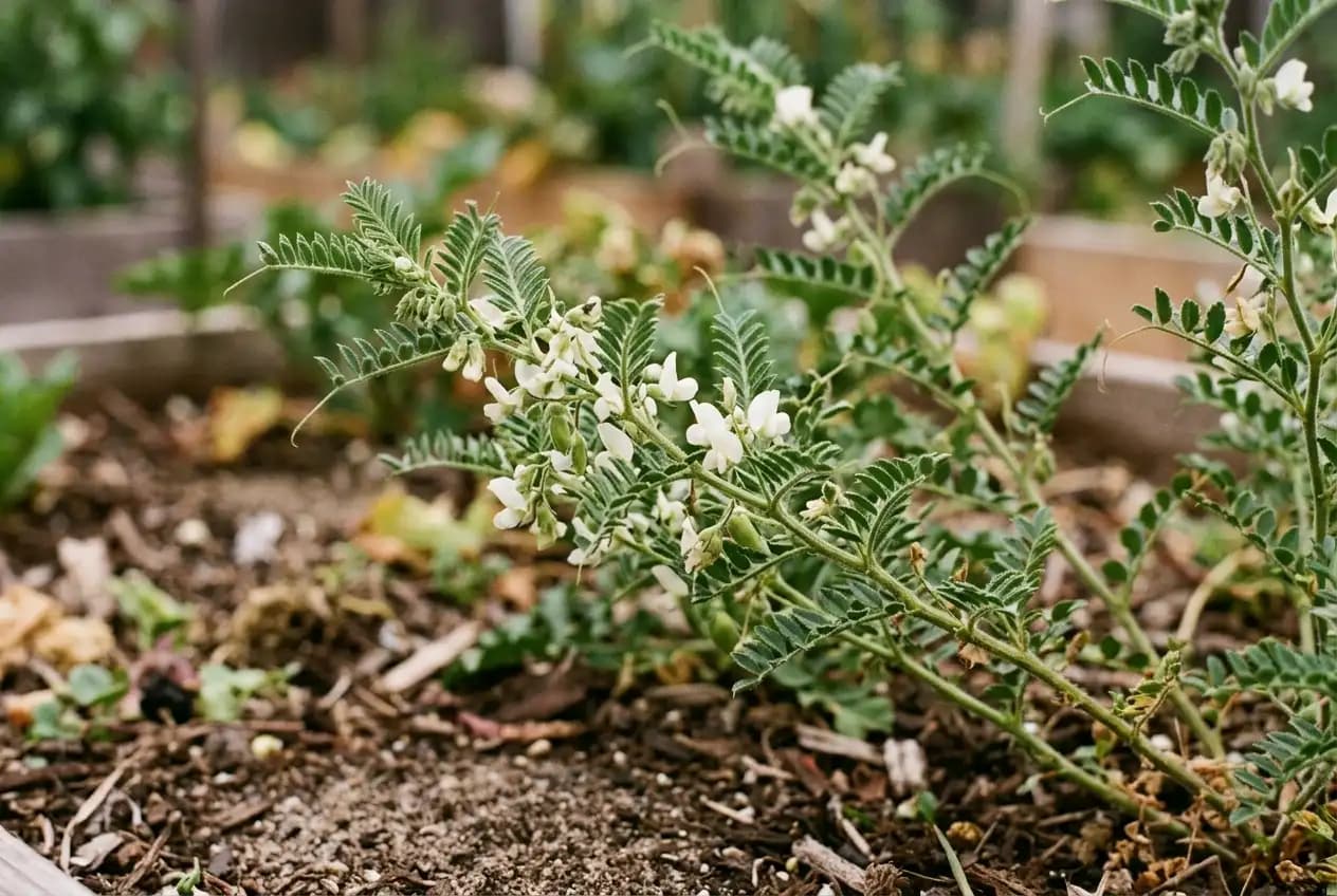 Kichererbsenpflanze mit weißen Blüten im Gartenbeet