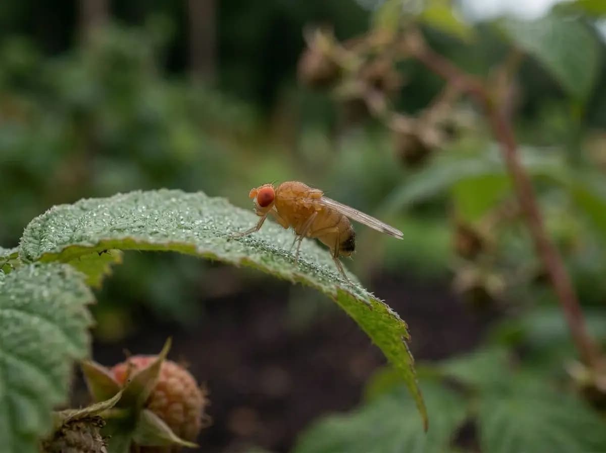 Kirschessigfliege mit roten Augen und schwarzen Flügelflecken sitzt auf einer roten Himbeere
