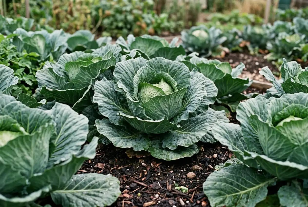 Große, dichte Kohlpflanzen mit breiten grünen Blättern wachsen in einer Reihe im Gartenbeet