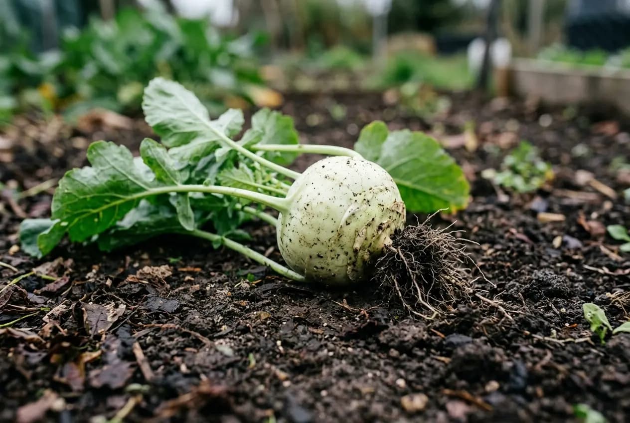 Mehrere Kohlrabi-Knollen in Weiß und Violett wachsen nebeneinander in einem Gartenbeet mit Erde