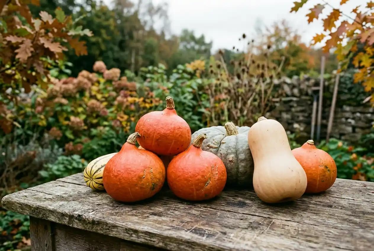 Mehrere reife Kürbisse verschiedener Sorten auf einem rustikalen Holzbrett, darunter orangefarbene Hokkaidokürbisse und ein beiger Butternut-Kürbis