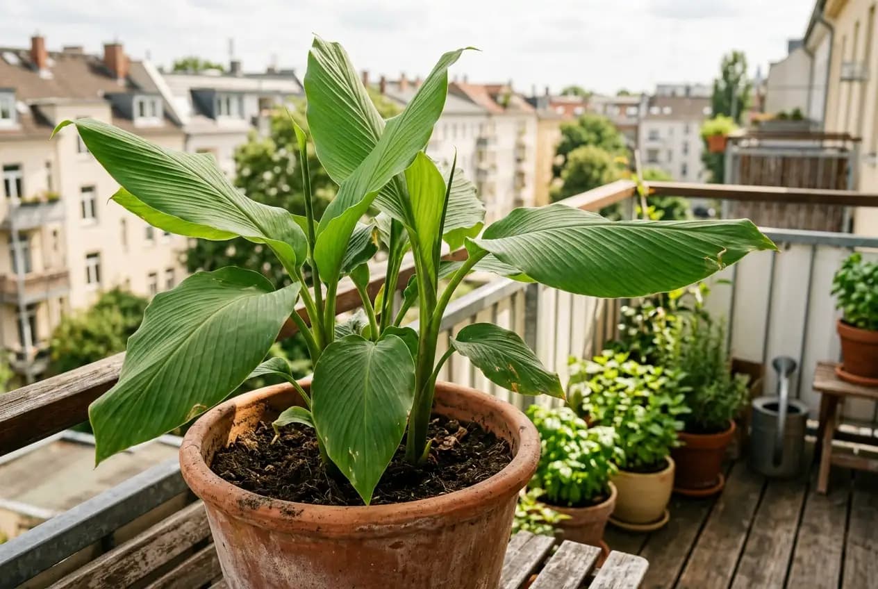 Mehrere frische Kurkuma-Rhizome mit kleinen grünen Triebspitzen liegen in einer flachen Schale mit Wasser