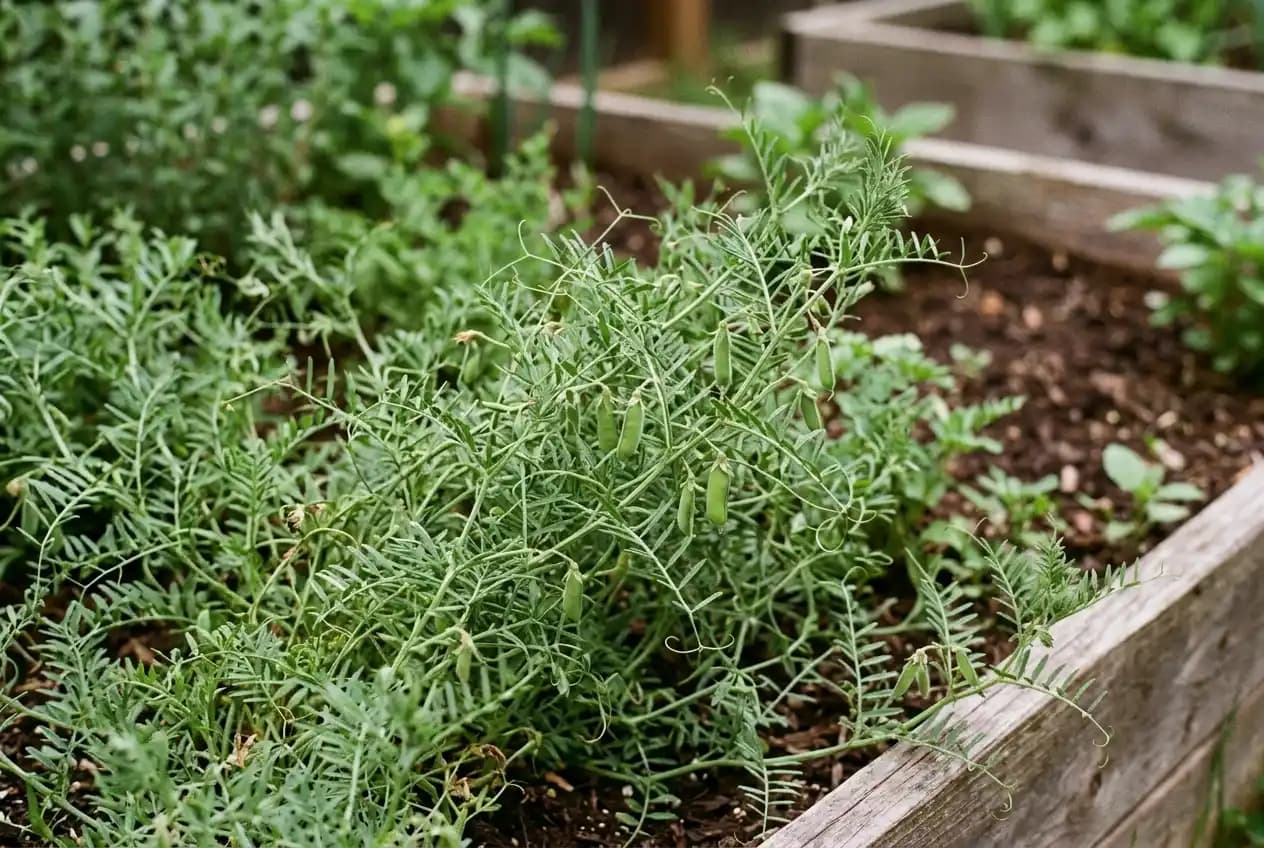 Linsenpflanzen mit kleinen grünen Hülsen und fein gefiederten Blättern in einem Gartenbeet